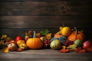 AI generated autumn background with pumpkins, apples, and other fruits photo