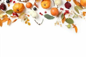 AI generated thanksgiving background with pumpkins, berries and leaves photo