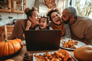 AI generated a family is laughing while sitting at a table with pumpkins and a laptop photo