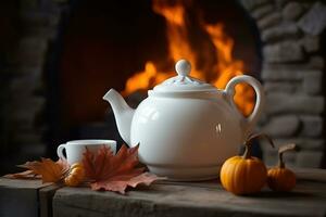 AI generated autumn tea and autumn leaves on a wooden table with a fireplace photo