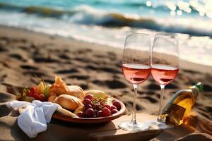 AI generated two glasses of wine and a plate of food on the beach photo