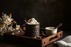 AI generated chocolate hot chocolate with whipped cream and cinnamon on a wooden tray photo