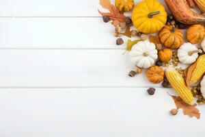 AI generated autumn harvest background with pumpkins, squash, acorns and leaves on white wooden table top photo