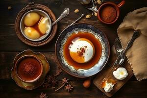 AI generated various dishes of food on a wooden table photo