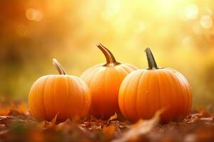 AI generated three pumpkins are sitting on the ground in front of a bright light photo