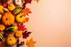 AI generated autumn background with pumpkins, squash and leaves photo