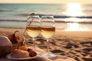 AI generated two glasses of wine and a basket with bread and fruit on the beach photo