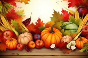 AI generated thanksgiving background with autumn fruits and vegetables photo