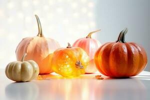 AI generated pumpkins on a table with a light behind them photo