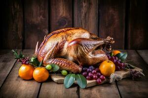 a turkey with fruit and vegetables on a wooden table photo