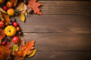 autumn leaves and pumpkins on a wooden table photo