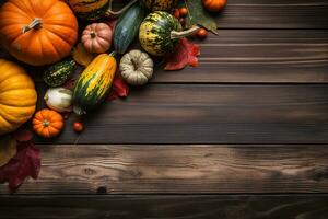 pumpkins and squash on a wooden table photo