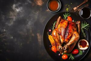 roasted turkey on a black plate with vegetables and sauce photo
