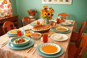 a table set for thanksgiving dinner with orange and blue colors photo