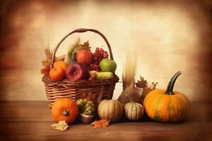 a basket with fruits and vegetables on a wooden table photo