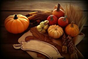 a basket with fruits and vegetables on a wooden table photo