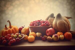 thanksgiving dinner with turkey, apples, pumpkins and other fruits photo