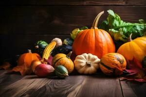 a variety of pumpkins and squash on a wooden table photo