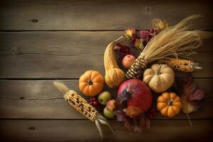 thanksgiving background with pumpkins, corn, and other autumnal items photo