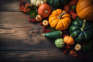 pumpkins and squash on a wooden table photo