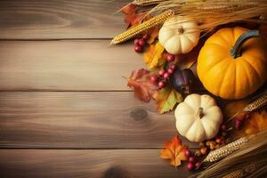 thanksgiving background with pumpkins, corn and autumn leaves photo