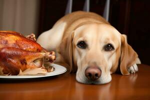 dog and turkey on table photo