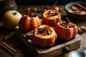 three stuffed pumpkins with spices and cinnamon photo