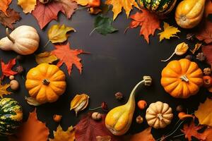 AI generated autumn background with pumpkins, acorns and leaves photo