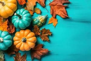 thanksgiving background with colorful pumpkins and autumn leaves on turquoise background photo