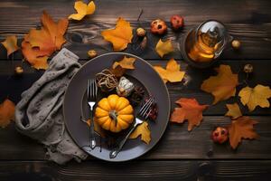 autumn table setting with pumpkin, leaves and silverware photo