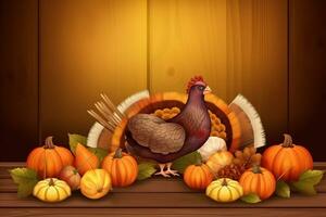 thanksgiving background with turkey and pumpkins photo