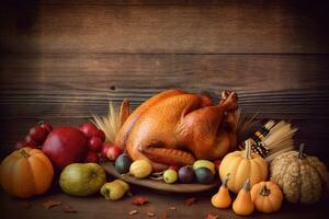 thanksgiving dinner with turkey, pumpkins, and other fruits photo