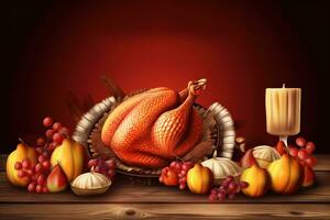 thanksgiving background with turkey, grapes and other fruits photo