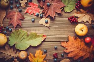 autumn leaves and berries on a wooden table photo