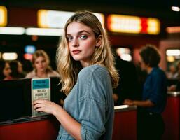 AI generated photo shot from below of beautiful teenage woman standing with high building in background, generative AI