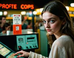 AI generated photo shot from below of beautiful teenage woman standing with high building in background, generative AI