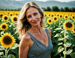 AI generated photo of beautiful middle aged woman in print dress outfit at sunflowers field, generative AI