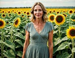 AI generated photo of beautiful middle aged woman in print dress outfit at sunflowers field, generative AI