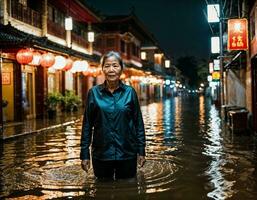 AI generated photo of senior asian woman during heavy rain and flood on road at chinatown street at night, generative AI