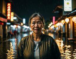 AI generated photo of senior asian woman during heavy rain and flood on road at chinatown street at night, generative AI