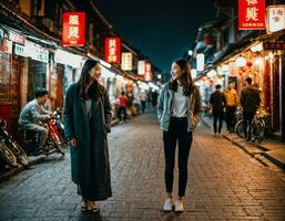 AI generated photo of senior asian woman during heavy rain and flood on road at chinatown street at night, generative AI