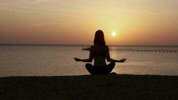 silhouette di giovane donna rilassante e godere bellezza tramonto su il oceano costa. ragazza fare yoga, meditare all'aperto e godere arancia luce del sole. video