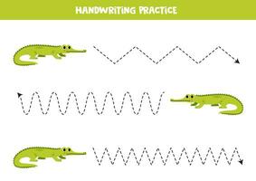 rastreo líneas para niños. linda dibujos animados verde gavial. escritura práctica. vector