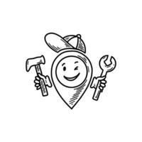 Cute line doodle car service location pin emoji. Freehand sketch pinpoint. Map address comic emoticon. Smiling funny character vector