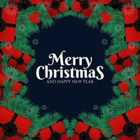 Merry christmas and happy new year poster with garlands, snowflakes and gift boxes on dark blue background. Vector illustration