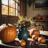 AI generated Autumn Still Life Thanksgiving Harvest Rustic Style Ai Generative photo