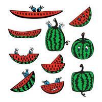 Cartoon watermelon set in vector. Including whole watermelon, small slice whole and bitten, big slice whole and bitten. Also including light blue eyes on watermelon. vector