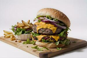 ai generado queso hamburguesa con papas fritas en de madera corte tablero ai generativo foto