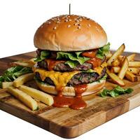 AI generated Cheese Burger with Fries in Wooden Cutting board Ai Generative photo