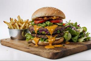 ai generado queso hamburguesa con papas fritas en de madera corte tablero ai generativo foto